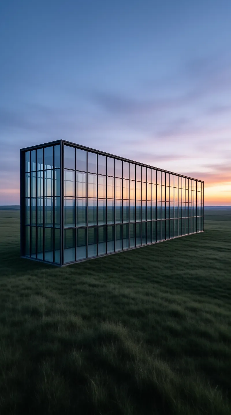 A rectangular glass structure with dark grid frames stands on a grassy plain at dusk reflecting a blue and orange sky.