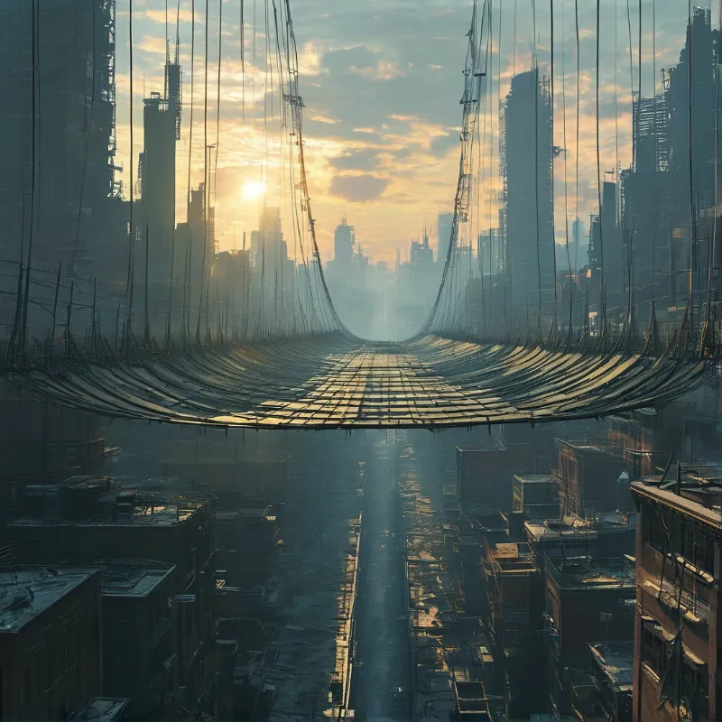 A suspended metal walkway stretches across a dense urban canyon bathed in golden sunrise light and fog.
