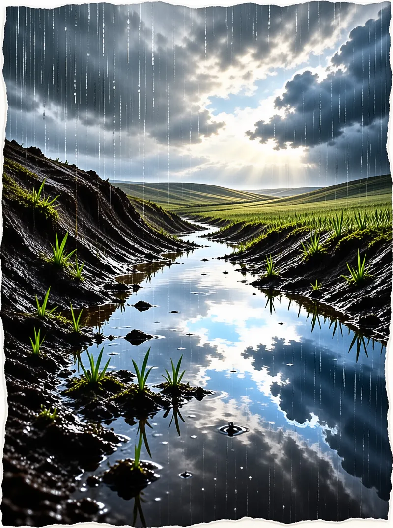 A dark wet river winds through a green valley while rain falls and sunlight breaks through the clouds above.