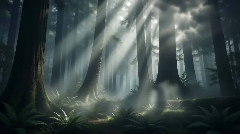 Misty Forest with Sunbeams
