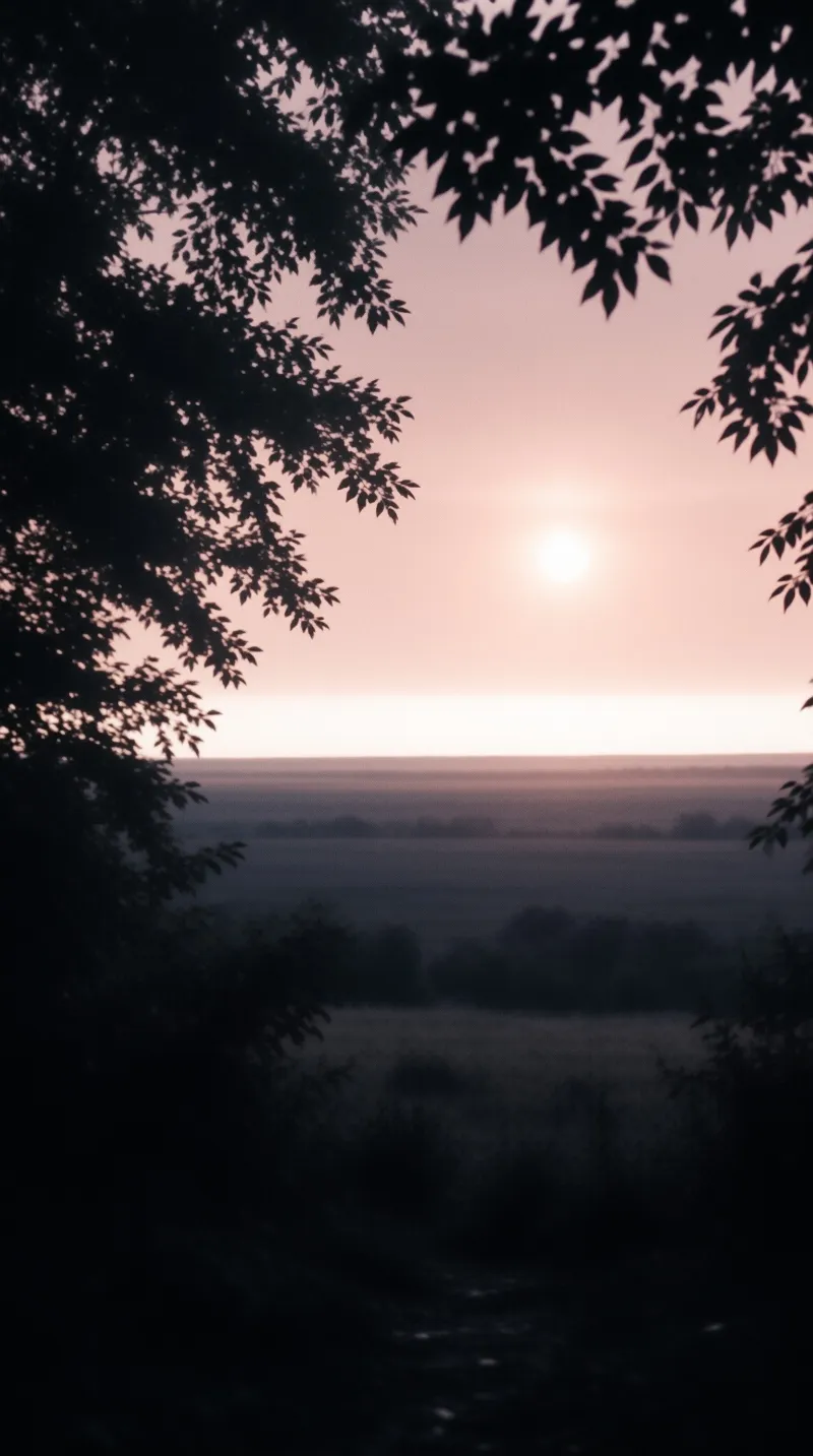The sun sits low on the horizon above a sprawling misty valley framed by dark silhouetted tree branches.
