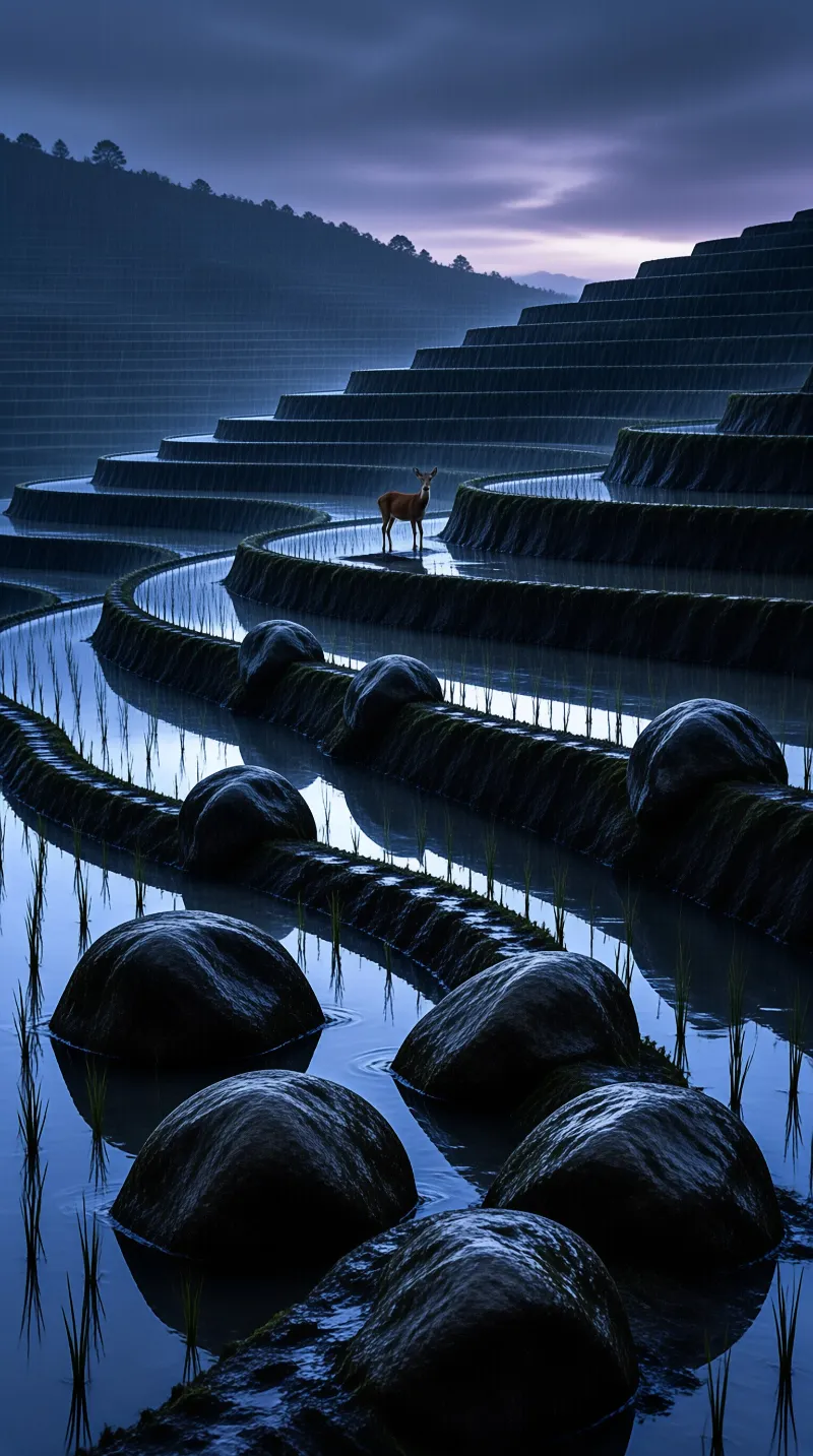 A lone deer stands on a raised part of water filled curved terraced fields, lit by cool twilight blue and soft purple light.