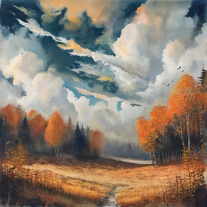 A landscape painting of orange autumn trees flanking a golden grassy path, under swirling storm clouds with tiny birds in flight.