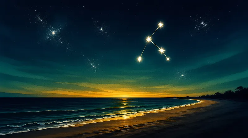 Waves wash over sand beneath a blue sky filled with connected stars and a yellow band of twilight light near the horizon.