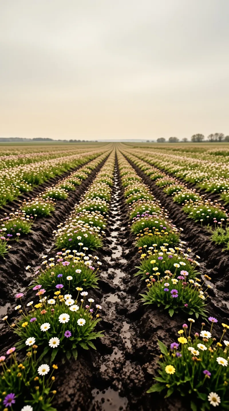 Long parallel rows of colorful small flowers planted in dark soil stretch toward the horizon under a pale overcast sky.