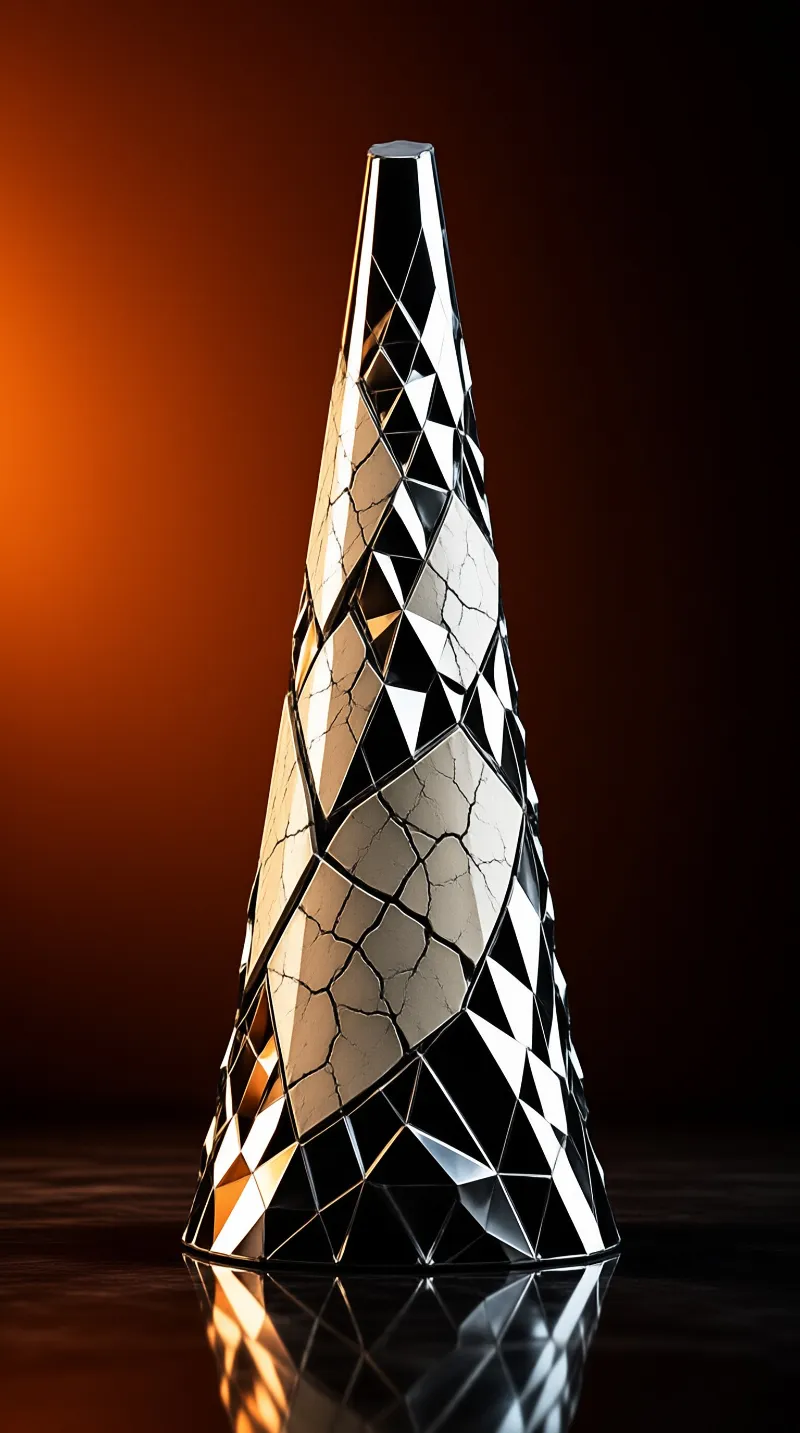 A tapering polygonal form covered in split tiles catches warm amber light against a dark gradient.