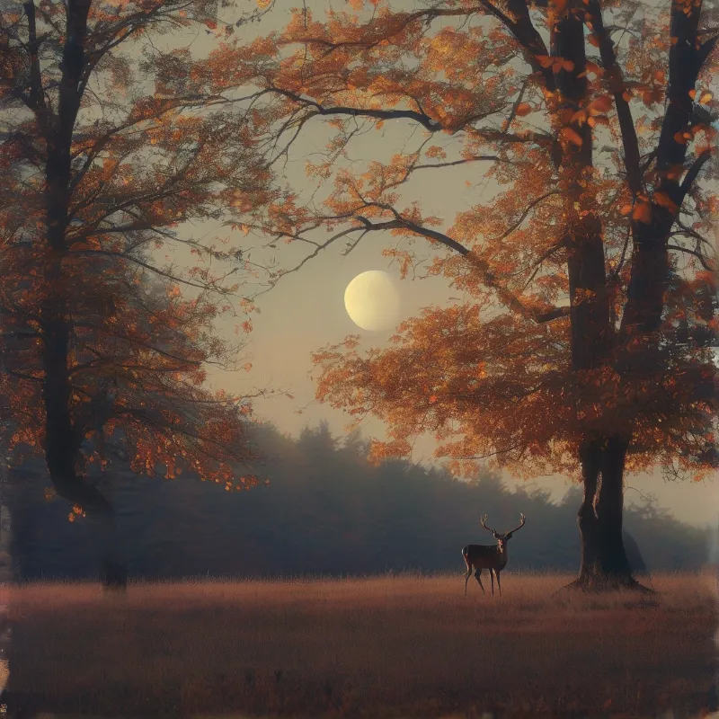 A stag with antlers stands in a grassy field framed by trees with orange leaves while a bright orb hangs in the misty sky.