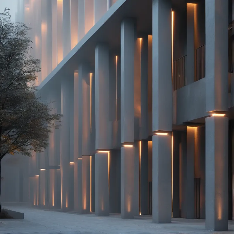 A row of tall gray concrete pillars with warm orange lights glowing between them stands beside a bare tree in misty fog.