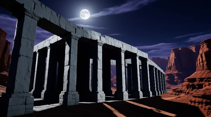 Ancient stone columns line a desert canyon beneath a glowing full moon, casting long shadows across the sand.