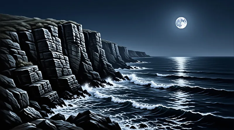 A stylized painting depicts layered coastal cliffs meeting churning waves beneath a luminous full moon in the sky.