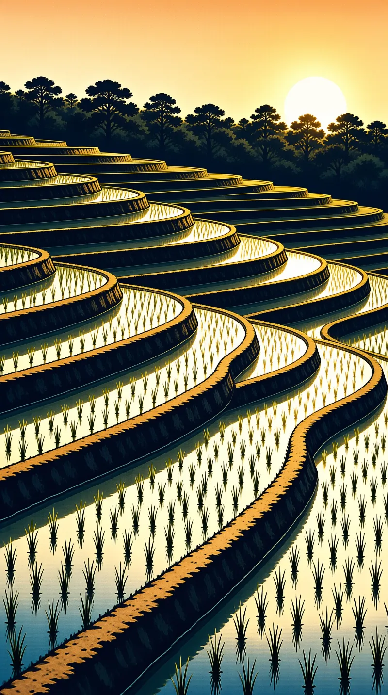Water filled agricultural steps wind towards a dark treeline under a bright yellow sky