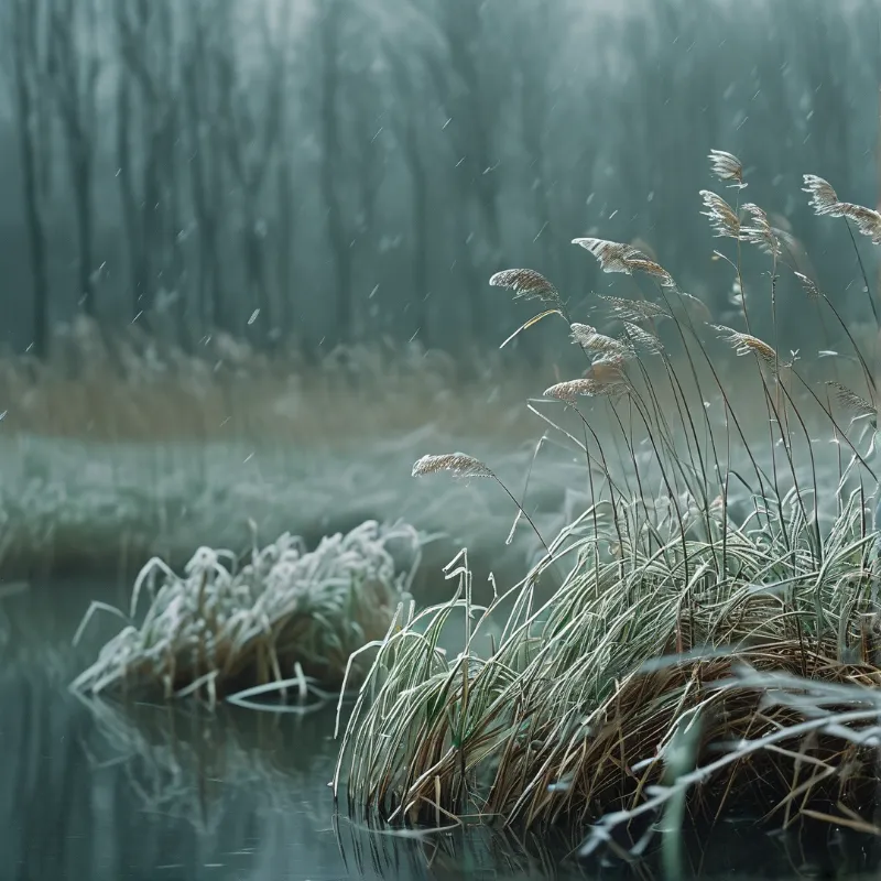 Frosty wild grasses emerge from still water as light snow falls over a dim, blurred woodland background.