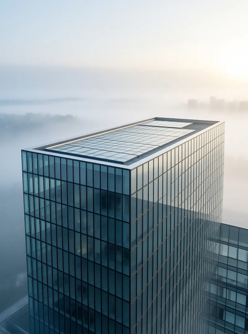 A blue glass curtain wall high rise juts above a thick low lying morning mist, soft sunrise light glows on its roof.