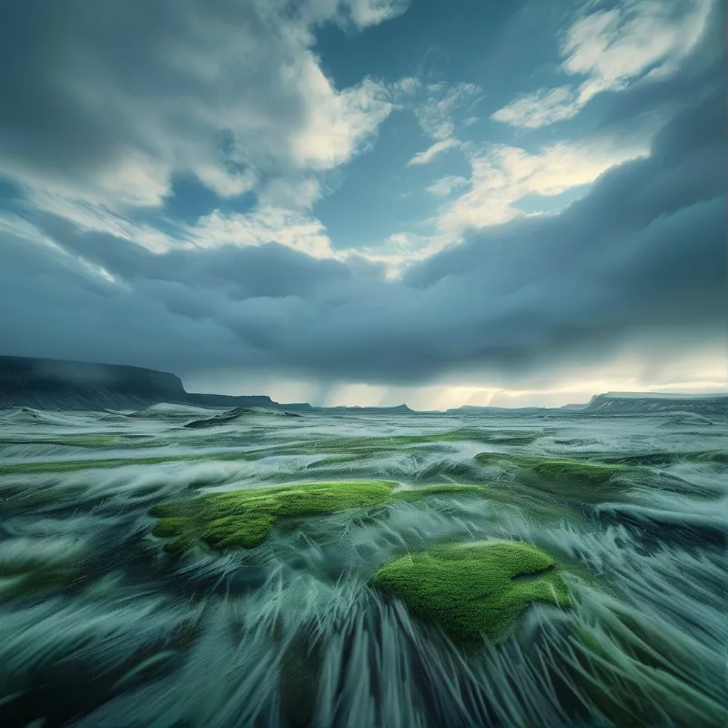 Bright green moss mounds rise from a windswept volcanic plain while dark rain clouds spill shafts across the far horizon.