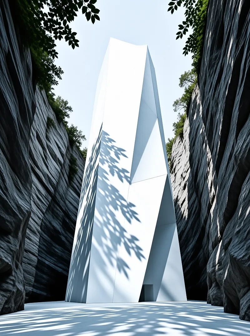 A white angular monument rises between dark canyon walls with leaf shadows falling across its facade.