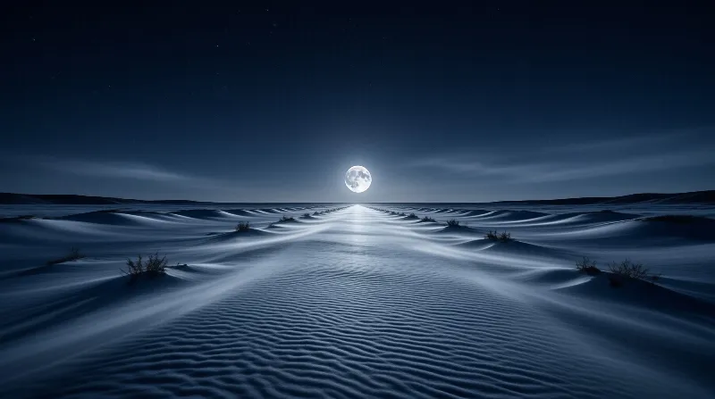 A bright full moon hangs low over a vast sandy landscape, casting a luminous trail across the rippled dunes.