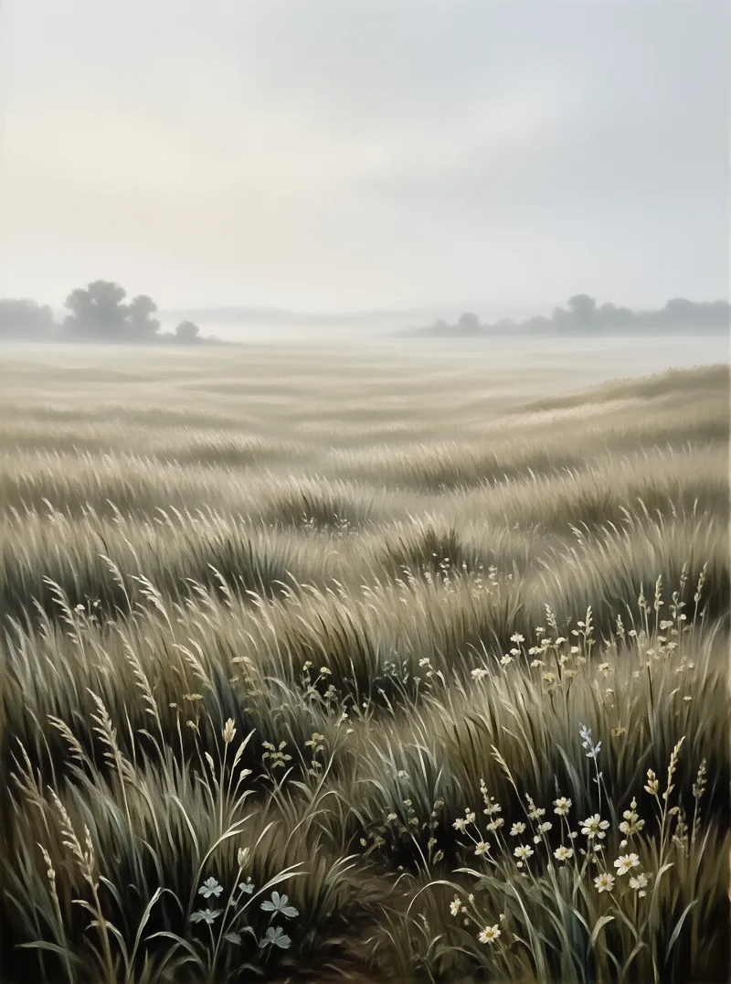 White wildflowers punctuate a sea of beige grass fading into a grey misty horizon with distant trees.
