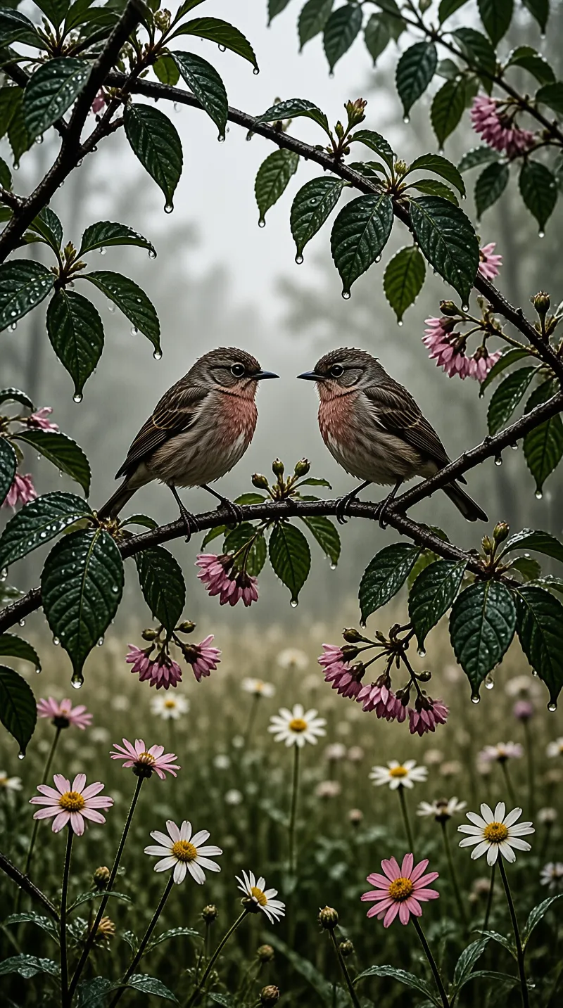 Two small brown birds perch beak to beak on a wet branch above a misty field of pink and white daisies.
