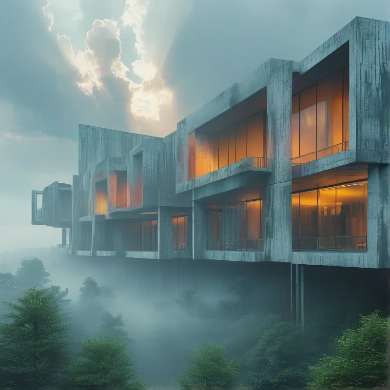 Brutalist Building in Fog