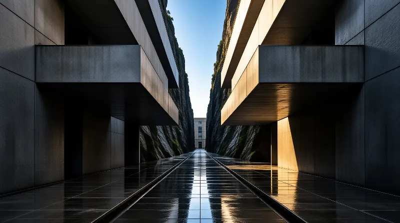 A wet reflective floor leads through a symmetrical concrete corridor flanked by towering dark rock faces under a bright blue sky.