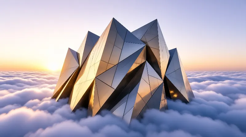 Faceted metal structure standing above white clouds illuminated by warm orange sunlight.