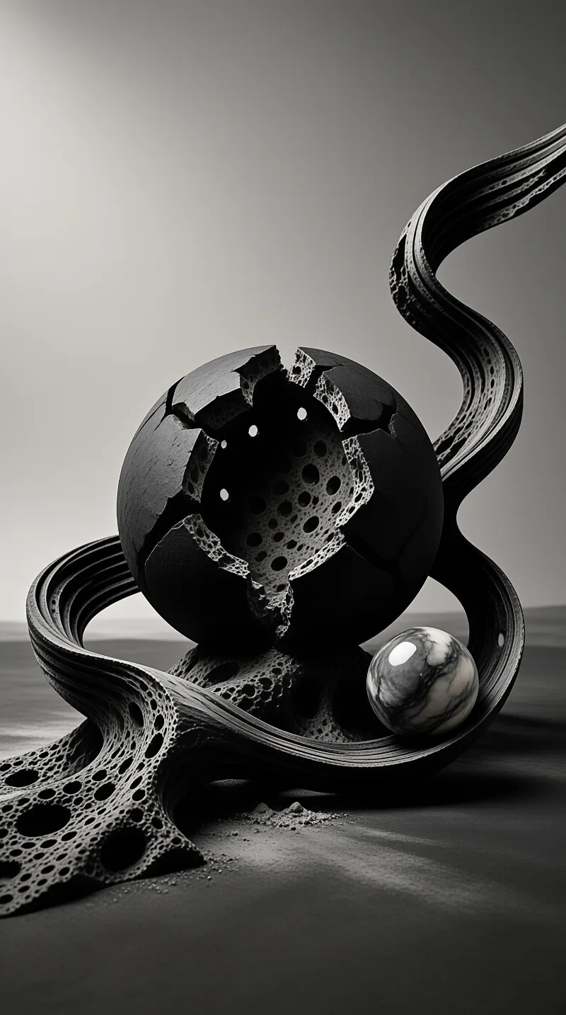 A cracked black sphere rests near a marbled ball amidst a winding porous ribbon on a smooth gray surface.