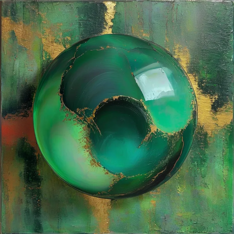 A polished green glass lens with a golden rim lies on a rough canvas scattered with gold leaf and deep green strokes.