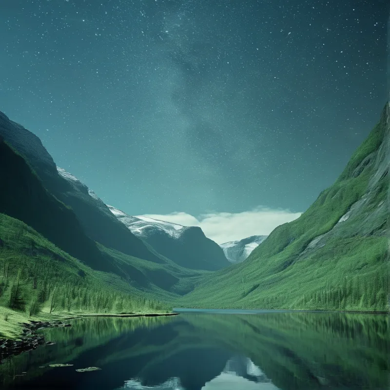 Steep green mountains frame a calm lake under a vast starry sky with snow capped peaks in distance.