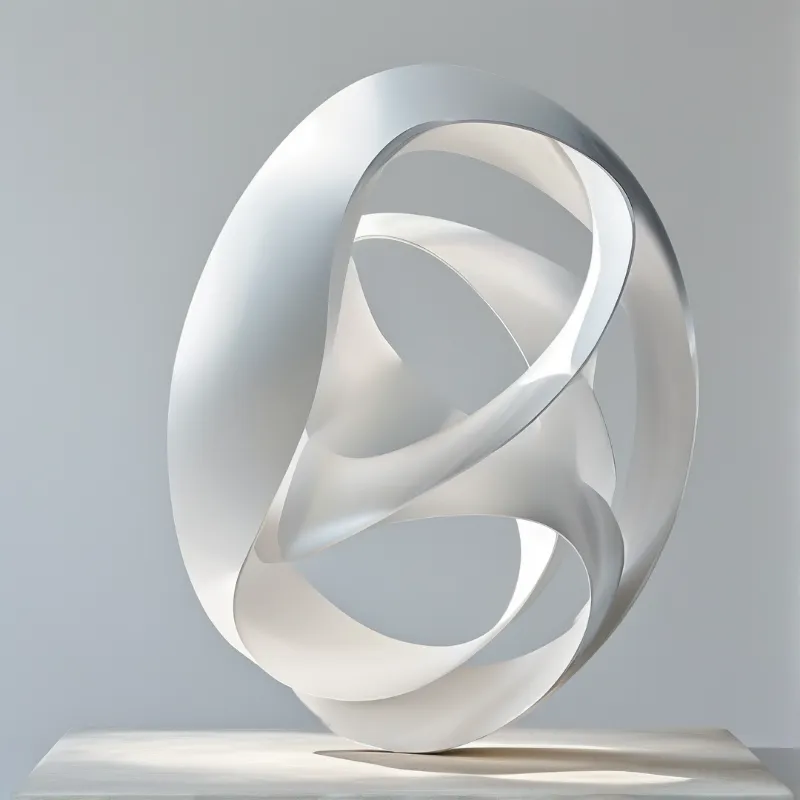 A flowing white abstract sculpture rests on a beige plinth against a neutral gray backdrop.