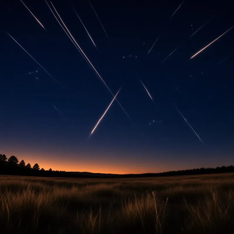 Multiple bright shooting star streaks cut diagonally across the deep blue after twilight sky above a golden prairie bordered by treeline