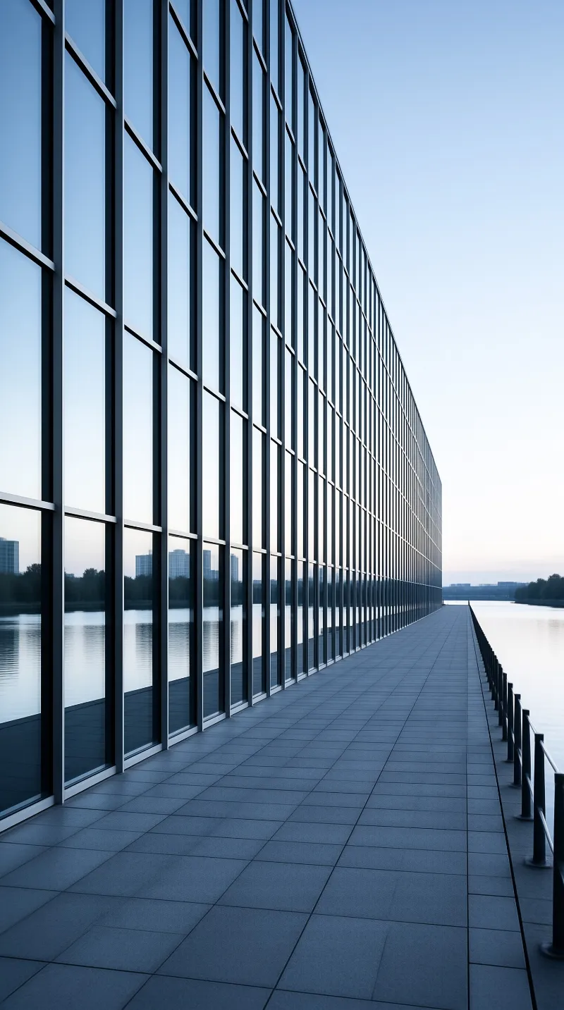 A long low building with a curtain wall runs beside an empty paved walkway under a pale clear sky