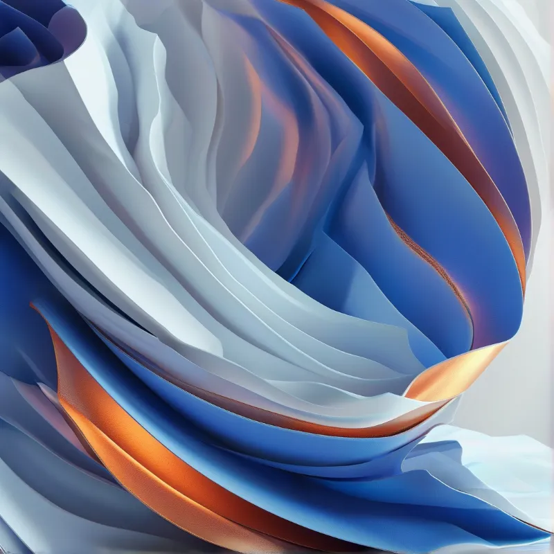 Flowing layers of blue, white, and orange fabric create abstract curves with soft lighting.