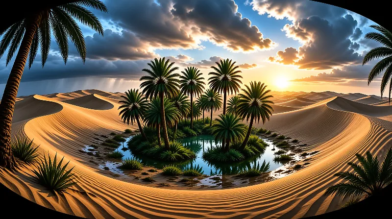 A lush oasis with palm trees sits in the middle of golden sand dunes under a bright sunset sky.