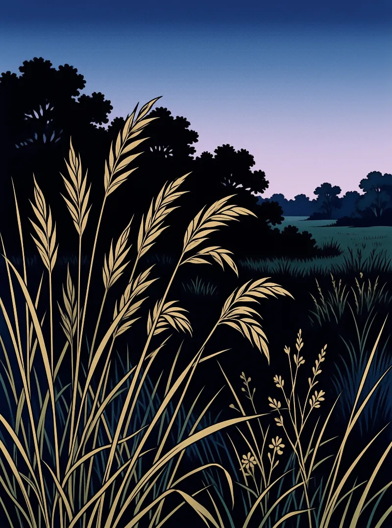 Illuminated grain heads stand tall in the foreground while dark forest shapes sit beneath a gradient dusk sky.