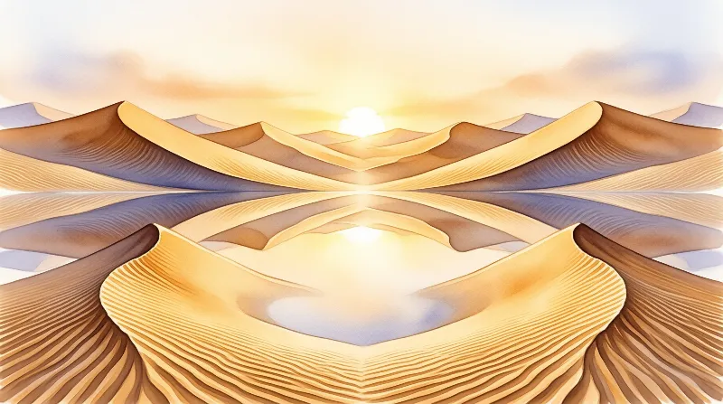 Symmetric desert sand dunes with golden sun and mirror reflection in water at sunrise