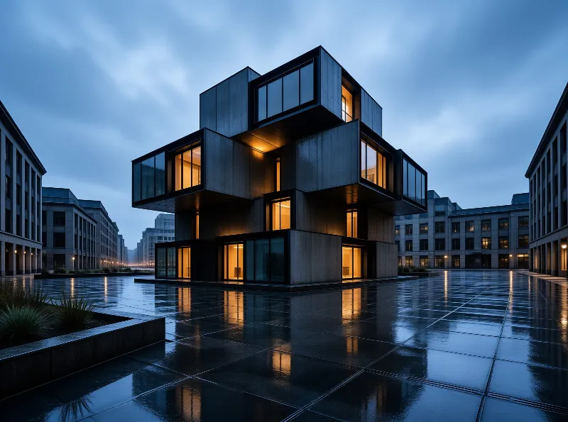 Lit windows shine through a stepped cubic tower mirrored in the rain-wet plaza under a deep blue evening sky.
