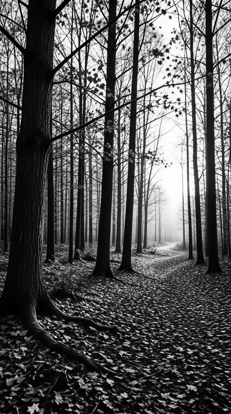 Black and white image of a leaf covered path winding through tall dark trees towards a bright foggy horizon.