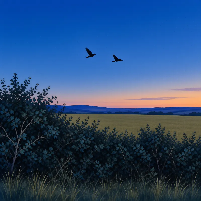 Two dark birds fly above a golden grassland and distant blue hills under a gradient twilight sky.