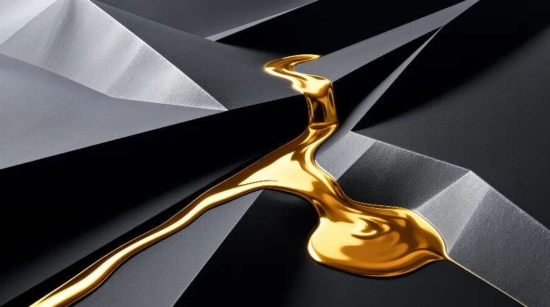 Bright liquid metal pours across sharp matte planes, pooling into a glossy curve of gold.