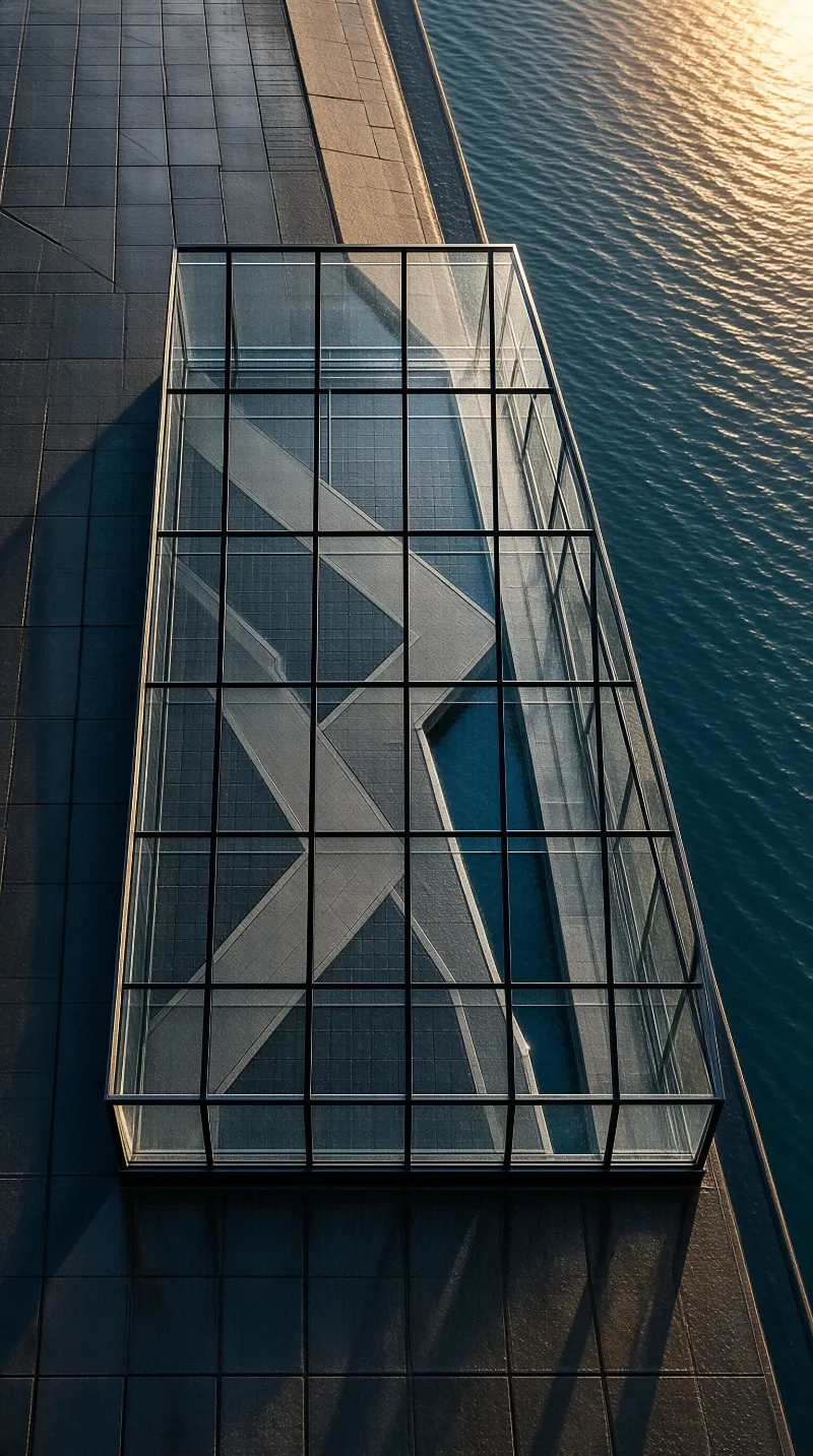 Rectangular glass pavilion with black grid frame stands on paved quay beside water reflecting warm sunlight.