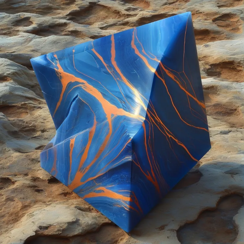 A glossy geometric block of deep blue resin streaked with molten orange rests on eroded sandstone in warm daylight