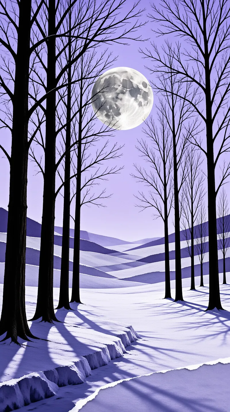Tall dark trees frame a large full moon in a purple sky above rolling snowy hills with long shadows cast on the ground.
