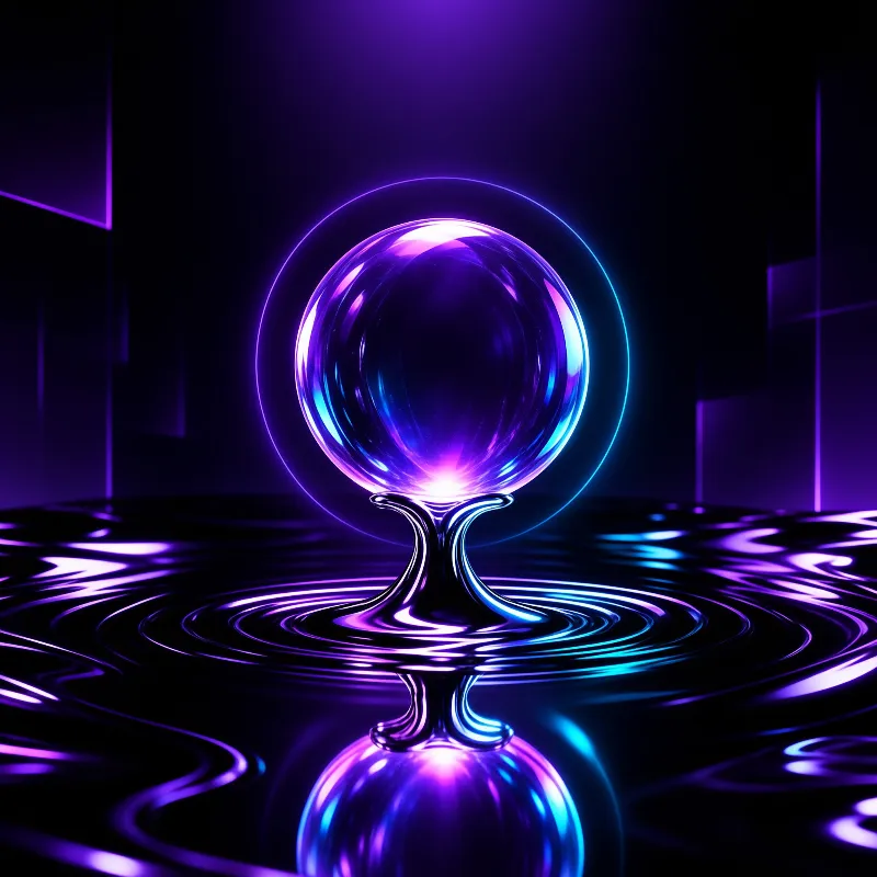 A luminous violet orb hovers above a black rippling surface with neon blue reflections.