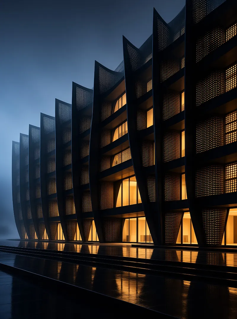 A series of perforated buildings glow warmly reflecting on wet ground under twilight.
