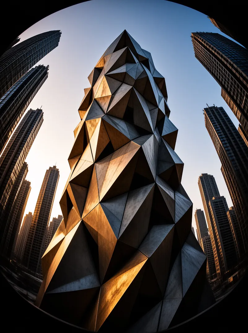 A faceted metal obelisk rises between glass towers, its triangular panels lit warm gold by low evening sun.