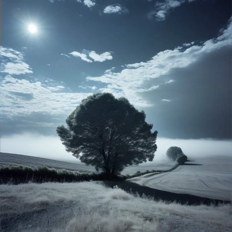 A large solitary tree stands on a grassy ridge while low fog covers the fields beneath a bright sun.