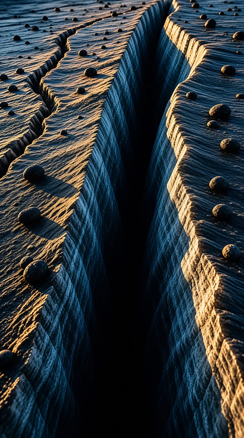 Sunlit rock walls with striations converge toward a deep shadowed canyon scattered with pebble-like objects.