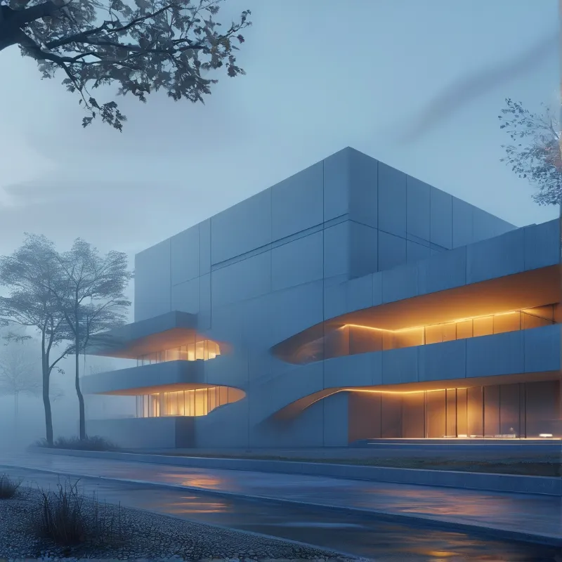 A sleek white structure features warm orange lights shining from curved openings surrounded by cool blue fog and trees.