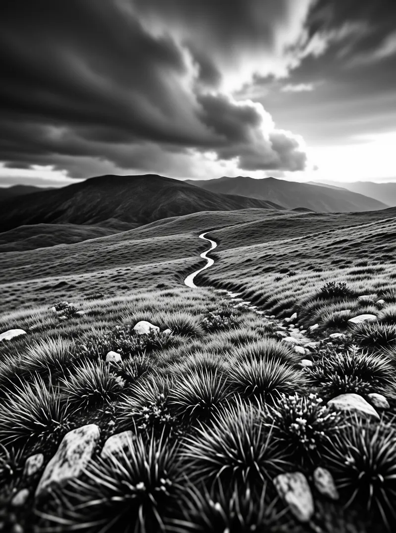A monochrome landscape featuring a sinuous stream cutting through rolling hills beneath dramatic clouds.