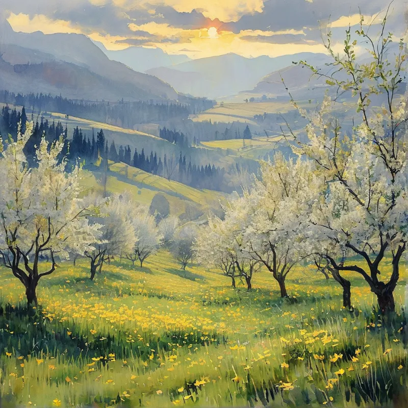 White flowering trees stand in a green meadow filled with yellow wildflowers under a bright sky with mountains behind.
